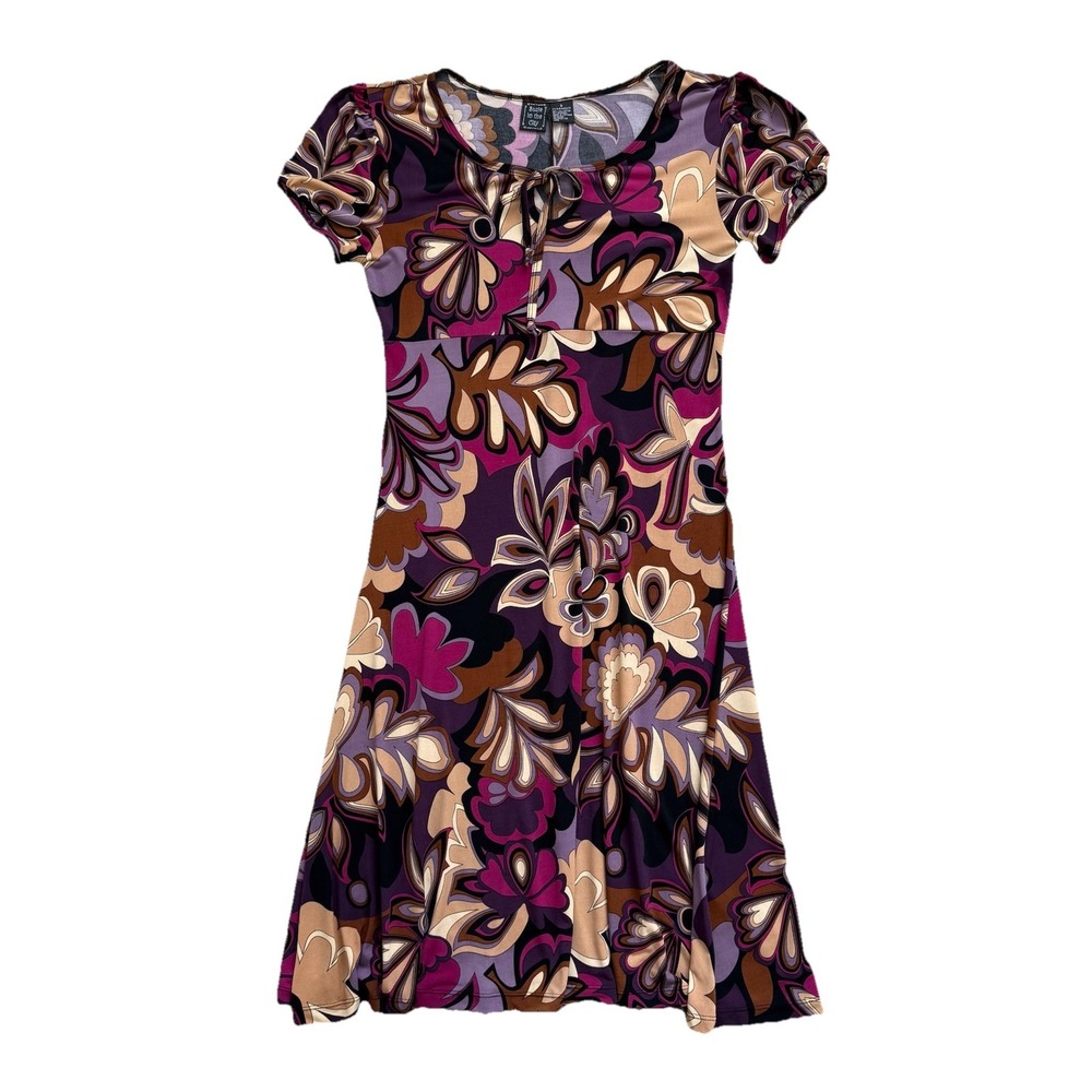 Vintage Y2K Babydoll Dress Womens Small Purple Floral Midi Feminine Hippie Prep